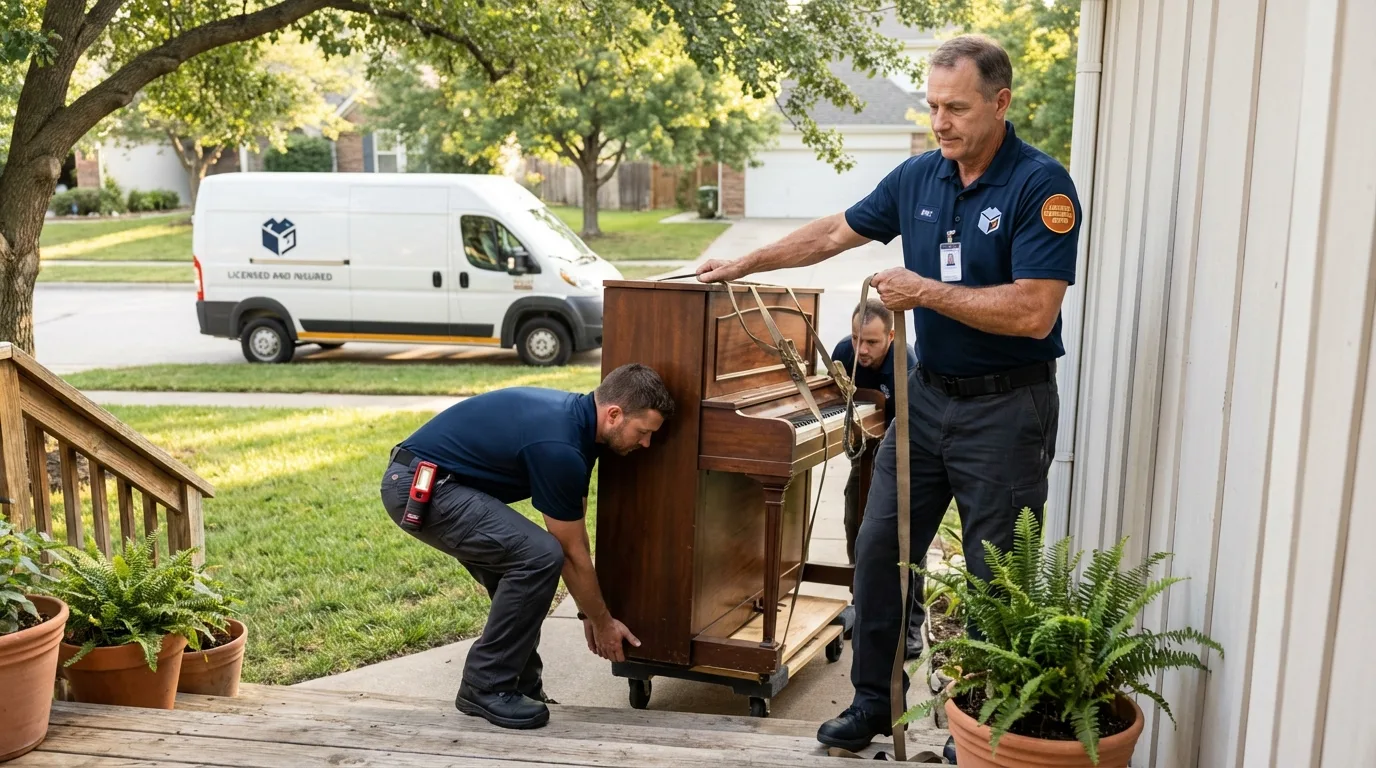 Licensed piano movers securing grand piano in Enosburg Falls, VT