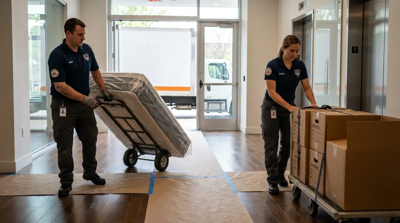 Professional apartment movers loading elevator in Enosburg Falls, VT
