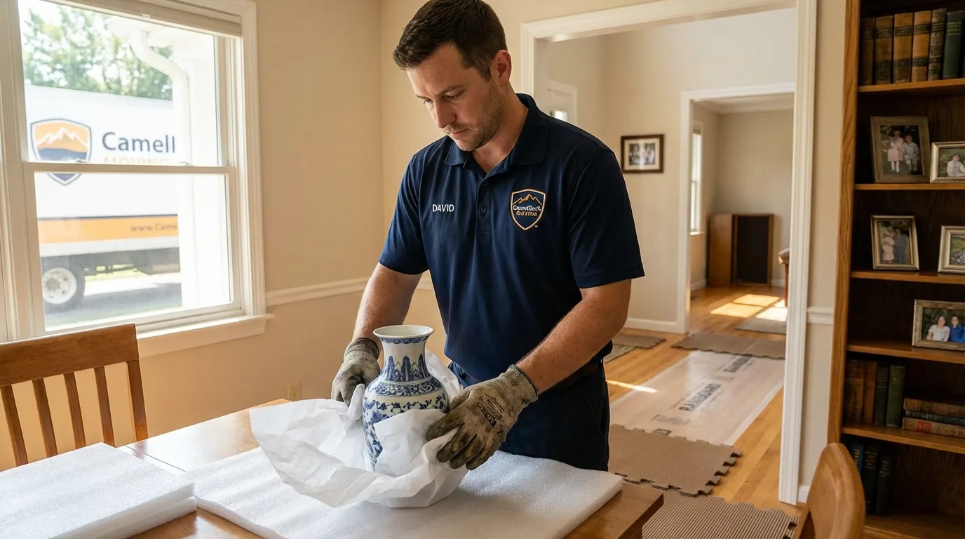 Professional crew carefully wrapping antique vase for senior downsizing move in Enosburg Falls, VT