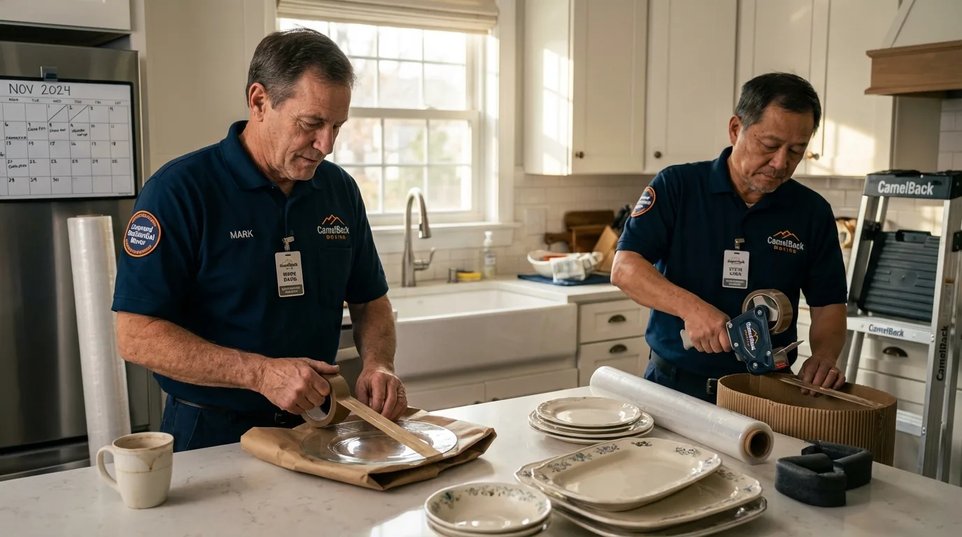 Professional crew packing kitchen dishware in Enosburg Falls, VT